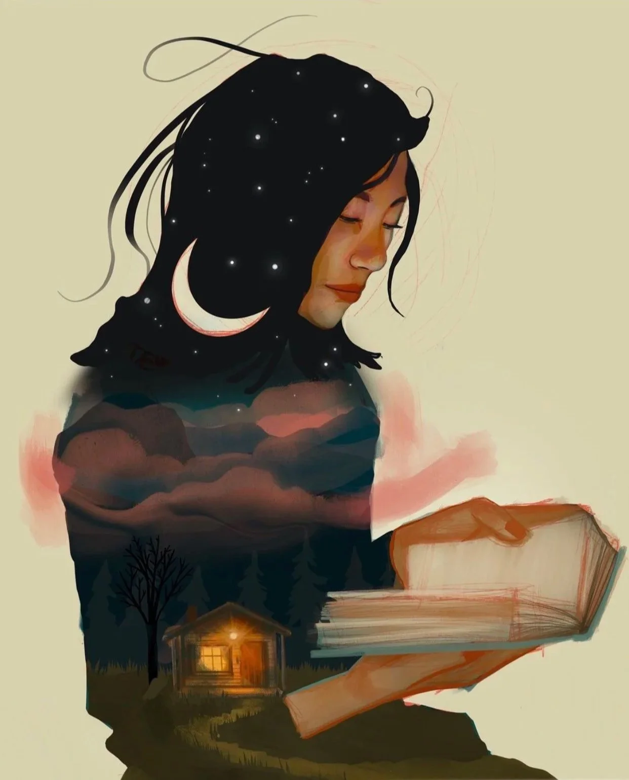 A digital illustration of a woman with starry hair, a crescent moon in her hair, reading a book with a warm cozy cabin with a lit window and trees inside her silhouette.