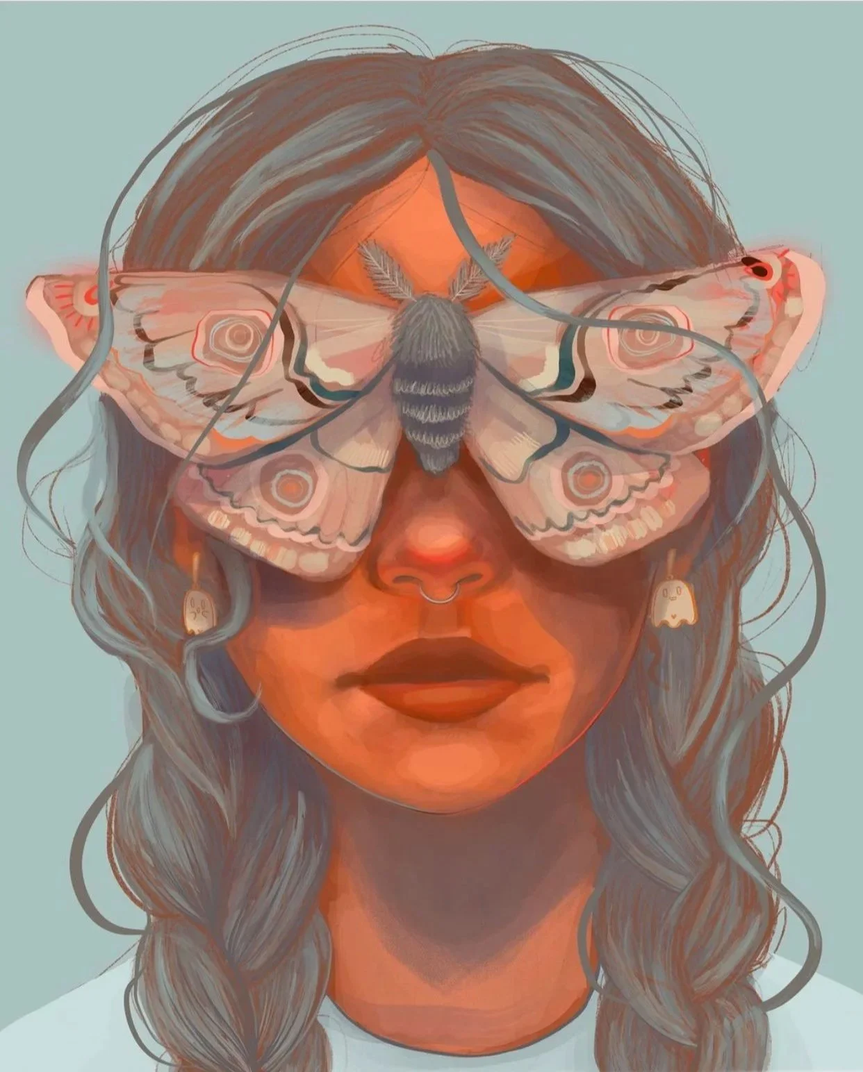 A digital illustration of a woman with long braided gray hair and a septum piercing, with a large moth resting on her face, covering her eyes.