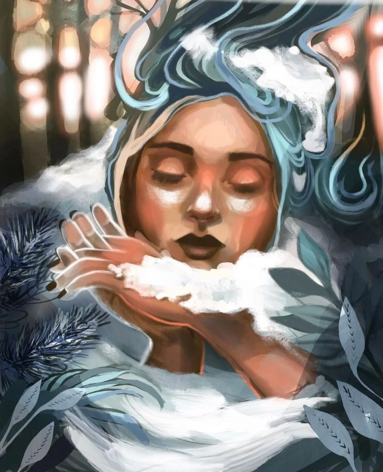Digital artwork of a woman with her eyes closed, surrounded by clouds, leaves, and flowing hair, with a peaceful expression.