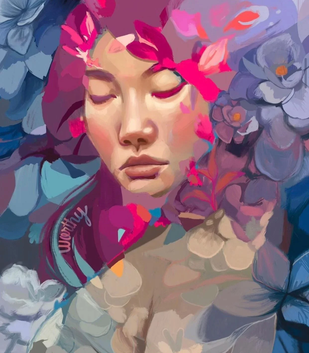 Digital painting of a woman with closed eyes surrounded by vibrant pink, purple, blue, and beige flowers and leaves.