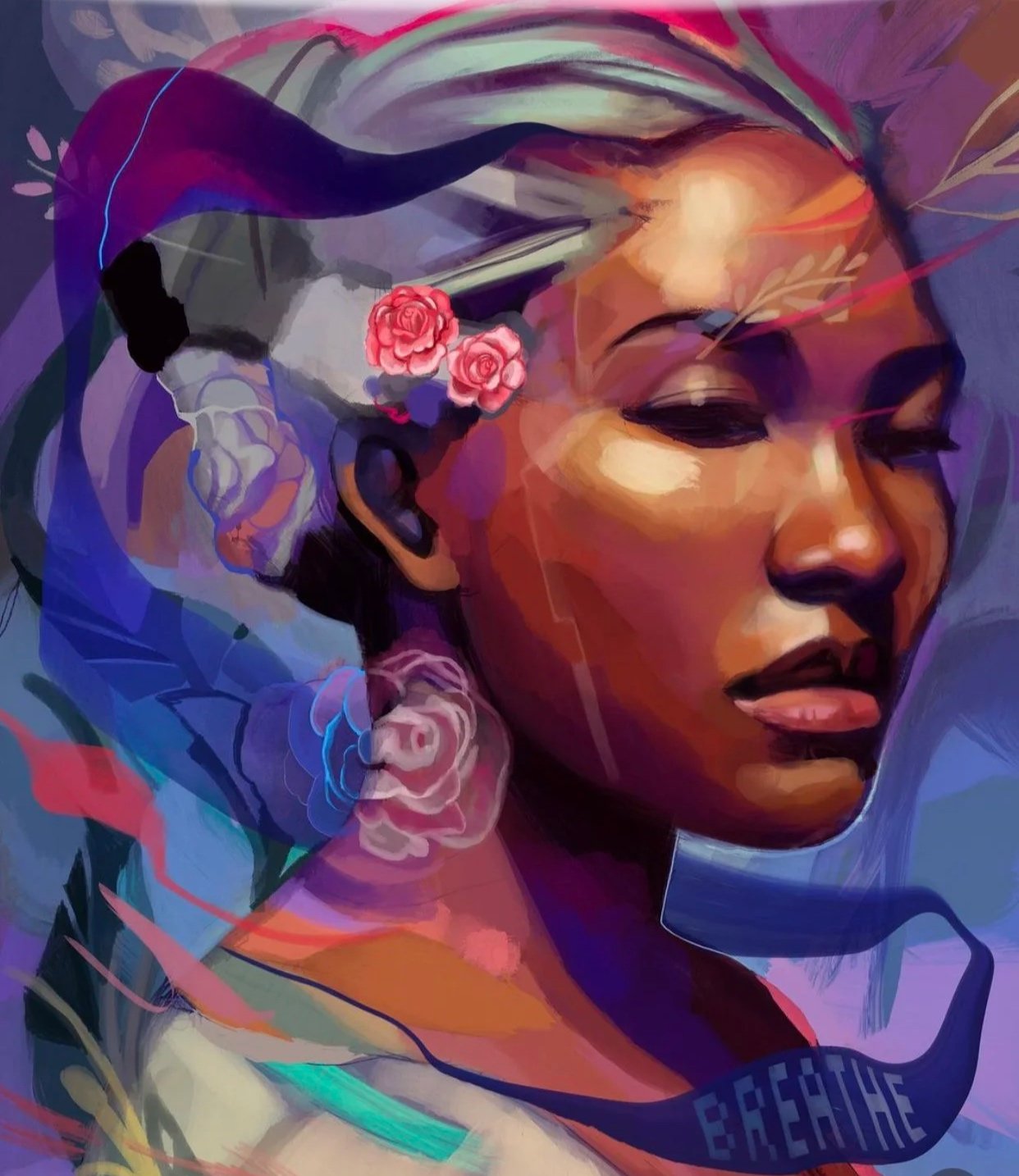 Digital portrait of a woman with colorful, abstract background and flowers in her hair.