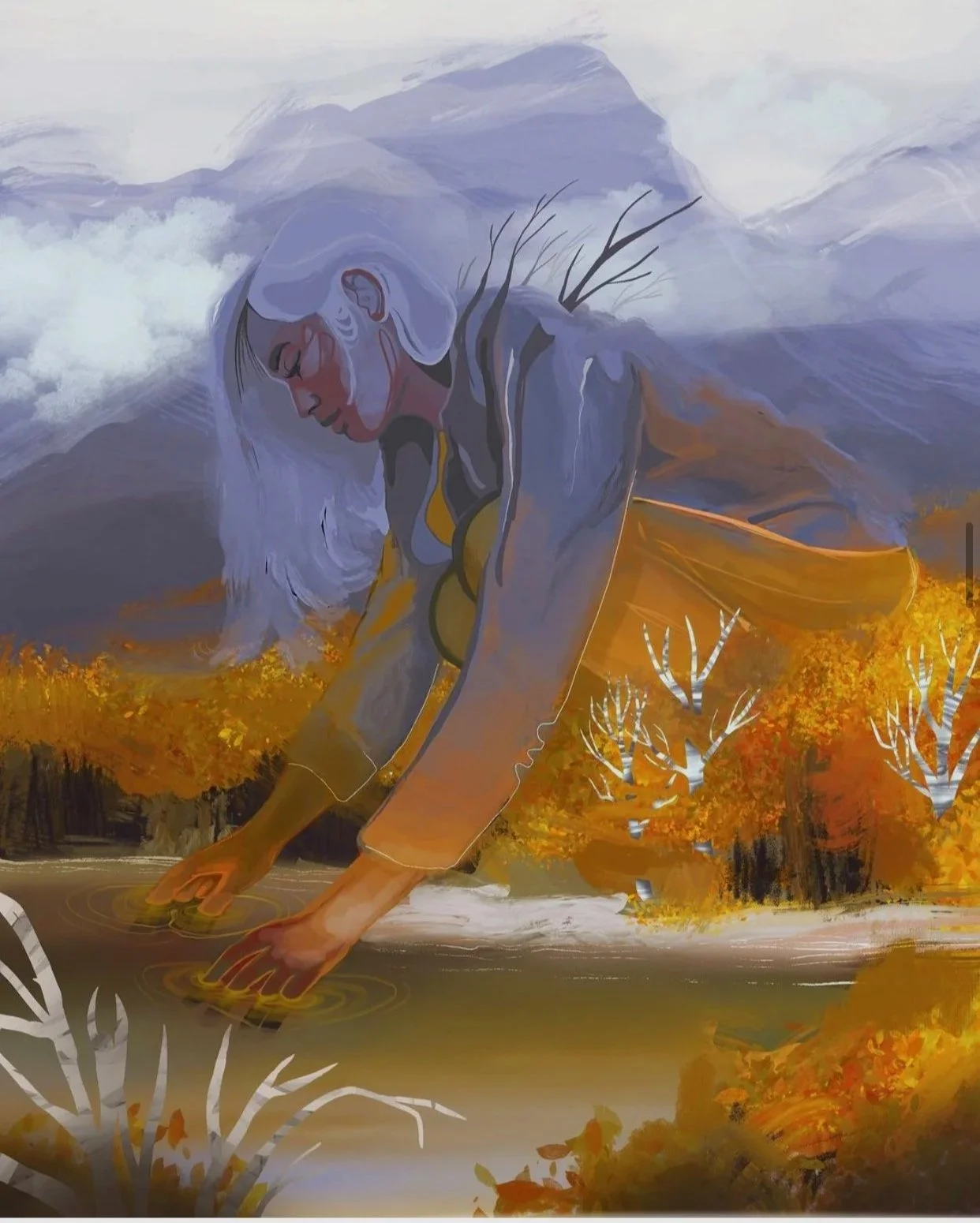 An illustration of a woman with long white hair crouching by a river, with a landscape of autumn trees and mountains in the background.