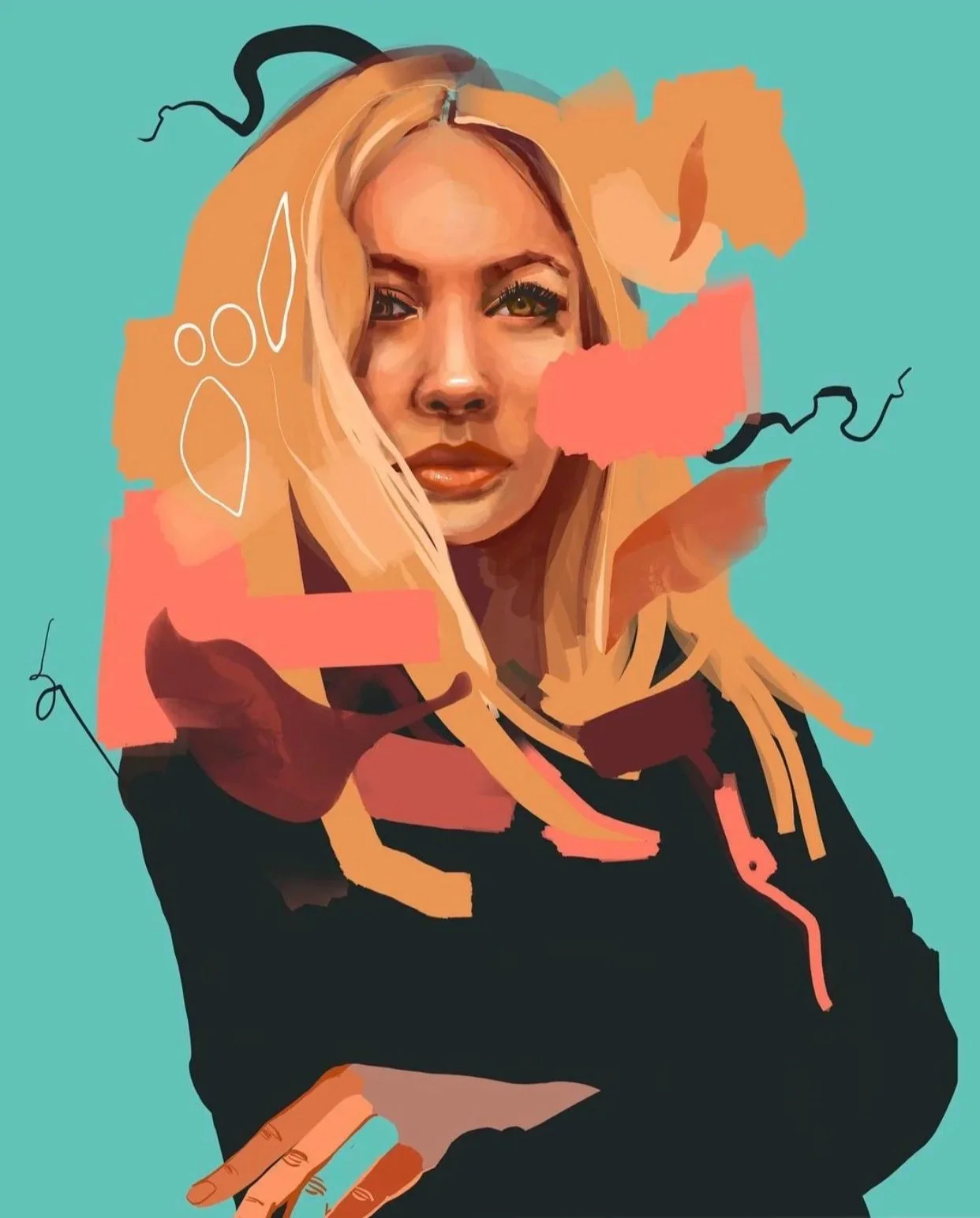 Digital artwork of a woman with long blonde hair, wearing a black top, against a teal background with abstract shapes and lines.