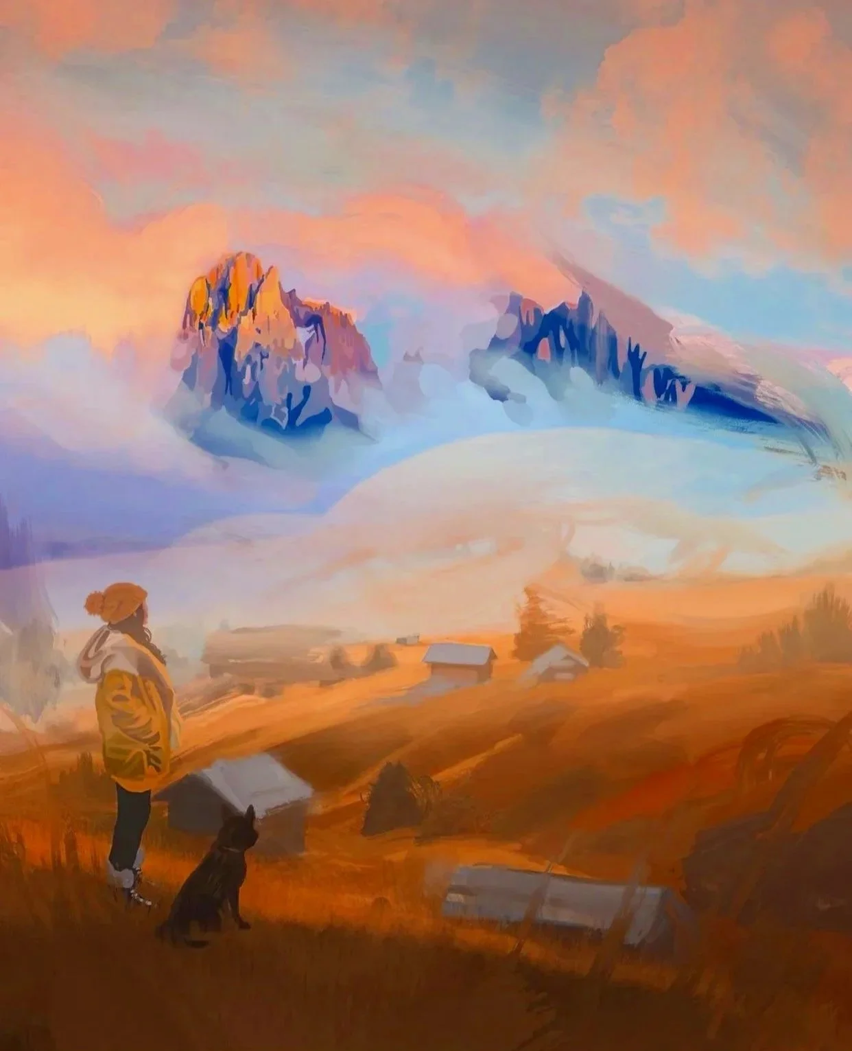 Digital painting of a woman and a dog standing in a mountain landscape with rolling hills and small houses, under a sky with pink and blue clouds and distant mountains.