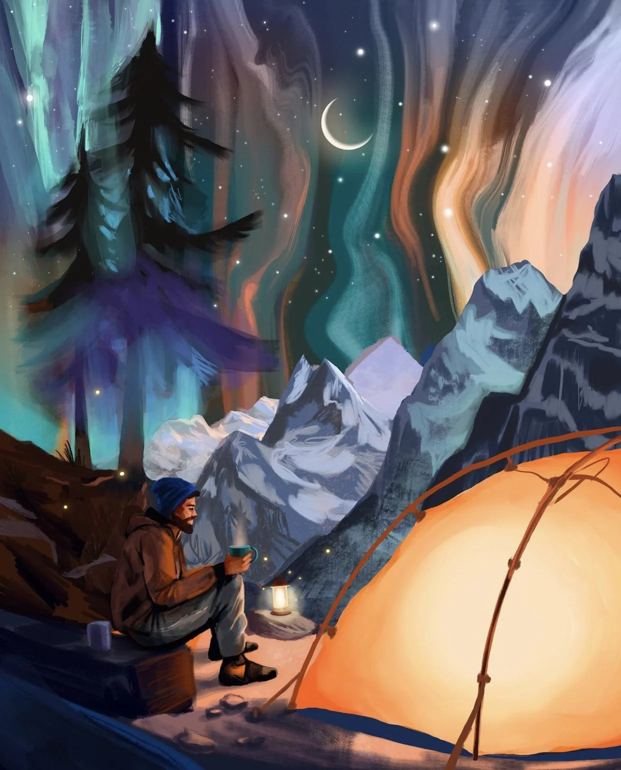 A man sitting outside a tent in a snowy mountainous landscape at night, watching the colorful northern lights and crescent moon in the sky, with a cup in his hand and a lantern illuminating the scene.