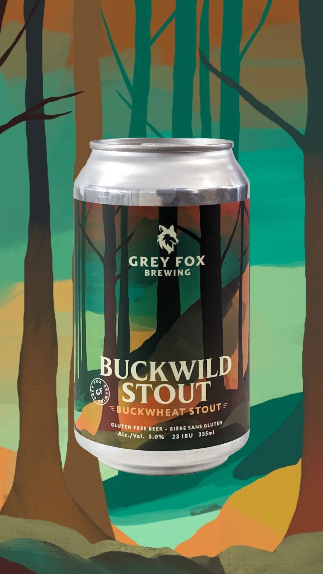 A can of Grey Fox Brewing Buckwild Stout beer with a colorful forest background.