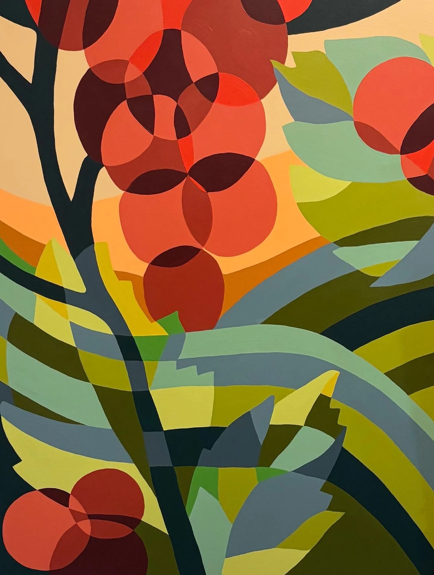 Abstract painting of grapes and rolling vineyard hills, with a branch with green leaves.