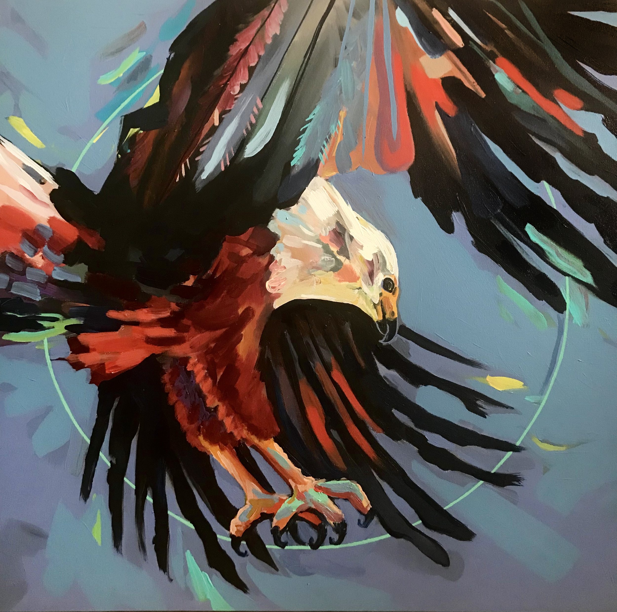 Colorful painting of a fierce eagle with outstretched wings against a bluish background.