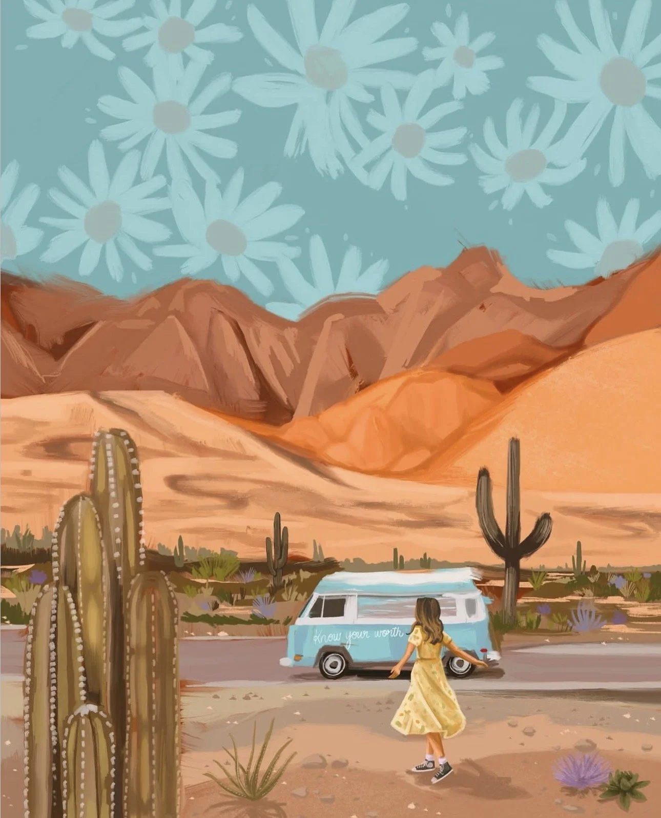 A girl in a yellow dress walking along a desert road with cacti and desert plants, mountains in the background, a blue van with the words 'know your worth,' and a sky with large blue flowers.