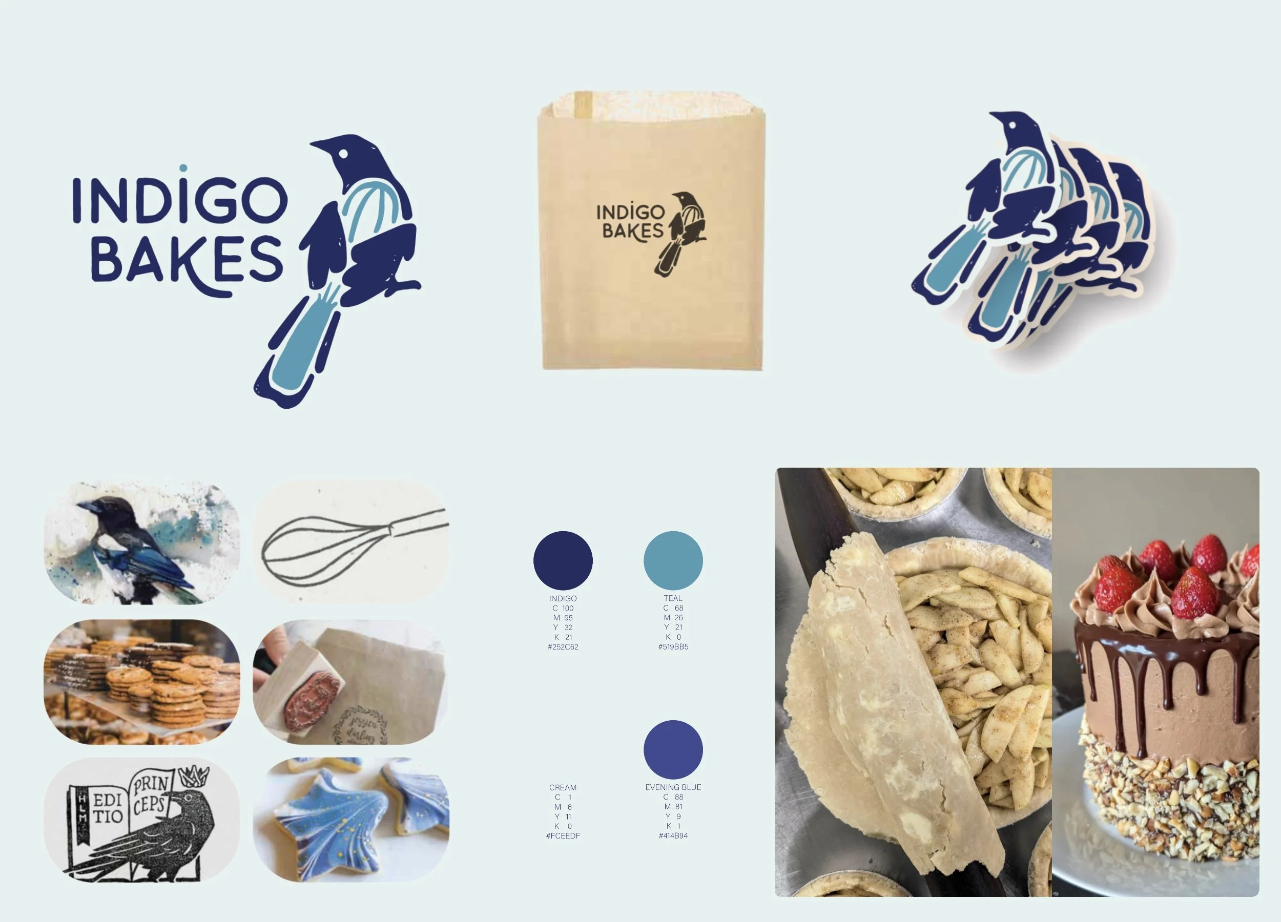 Collage with Indigo Bakes branding, including logo, packaging, stickers, and photos of baked goods and desserts, featuring cookies, a slice of pie, and a decorated cake with strawberries.