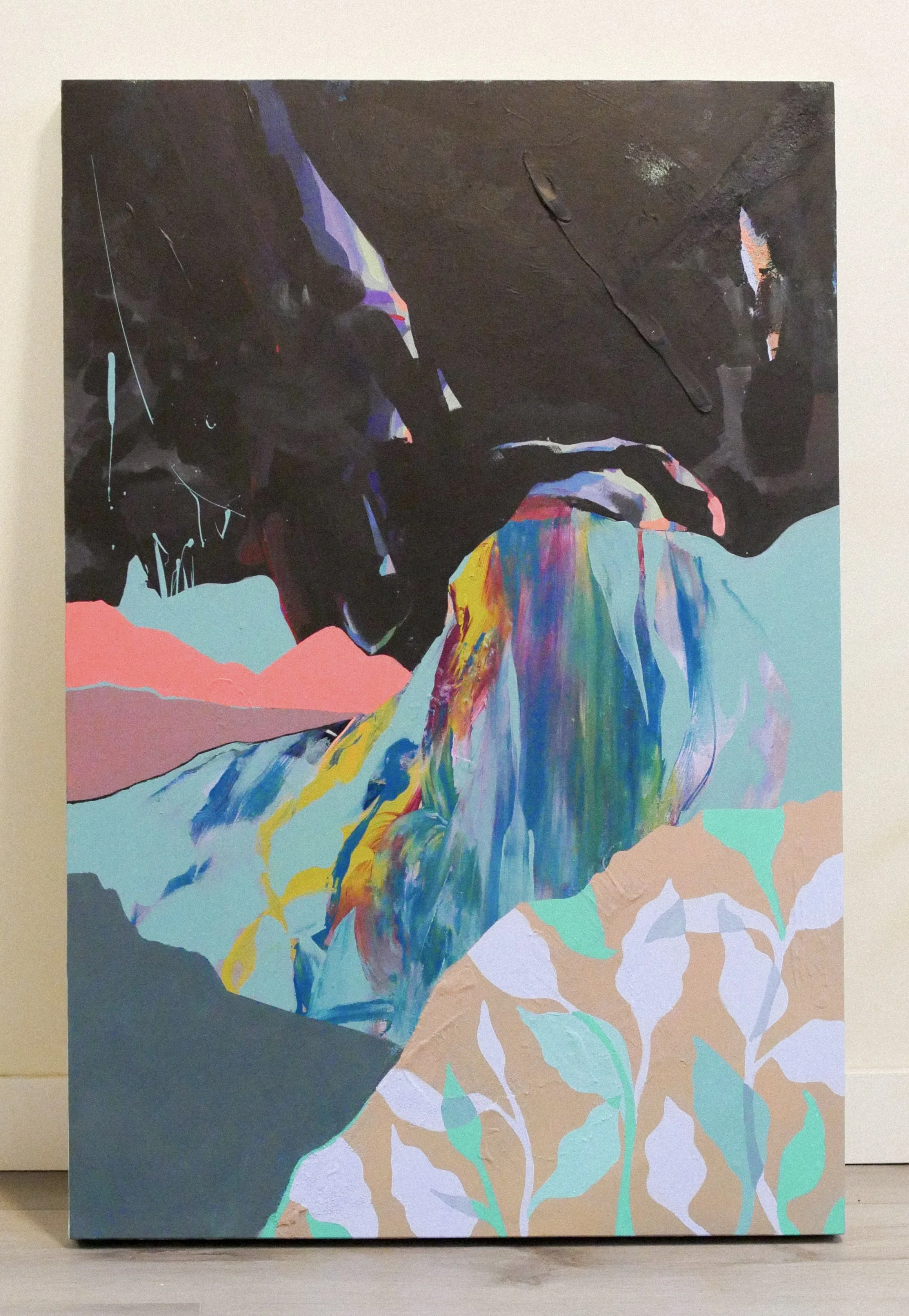 Abstract painting of a mountain landscape with a waterfall, using bold colors and stylized shapes.