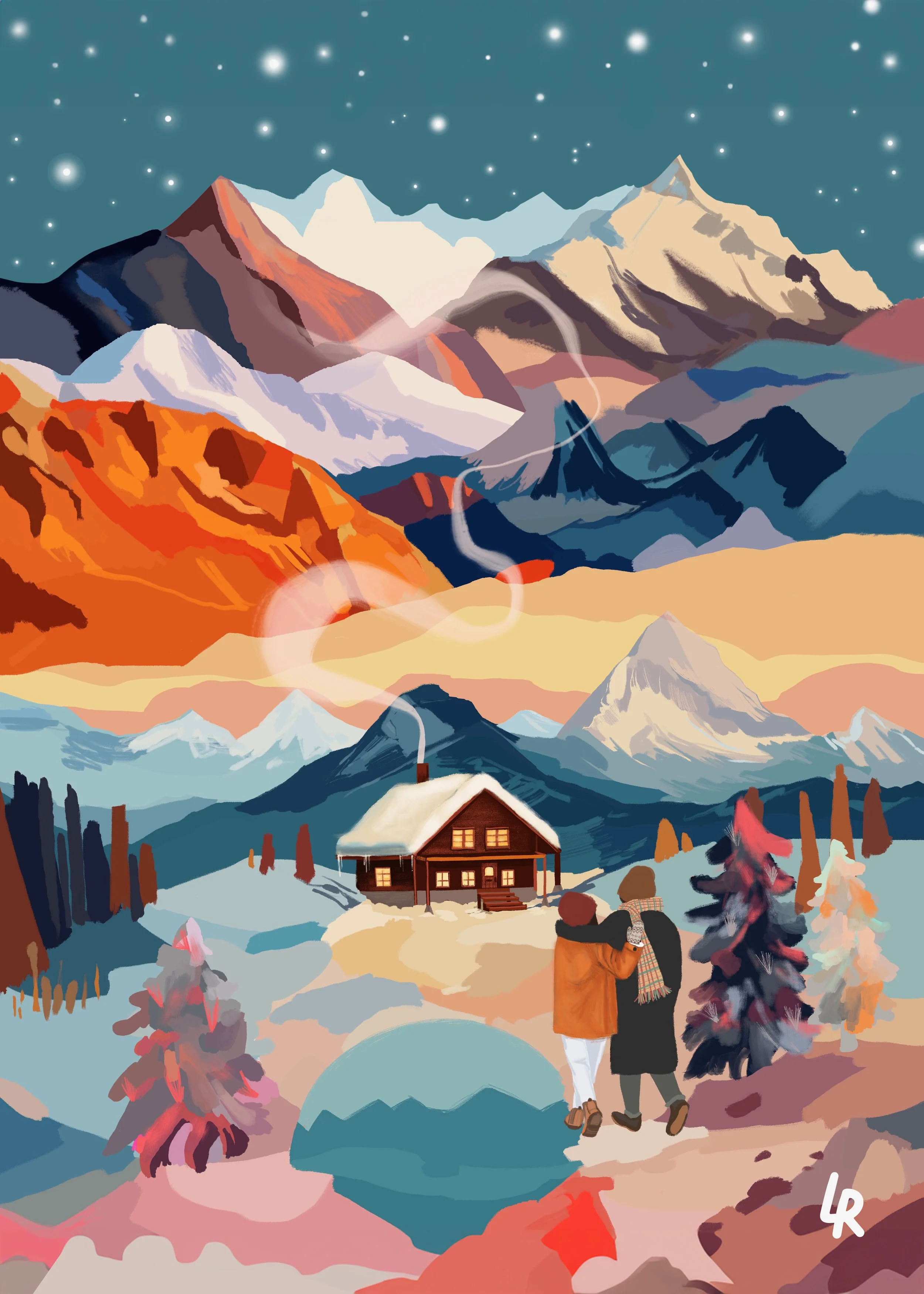 An illustrated mountain landscape showing snow-capped peaks, colorful hills, and a wooden cabin with smoke coming from the chimney. In the foreground, two people walk arm-in-arm along a snowy path, surrounded by pine trees and colorful foliage, under
