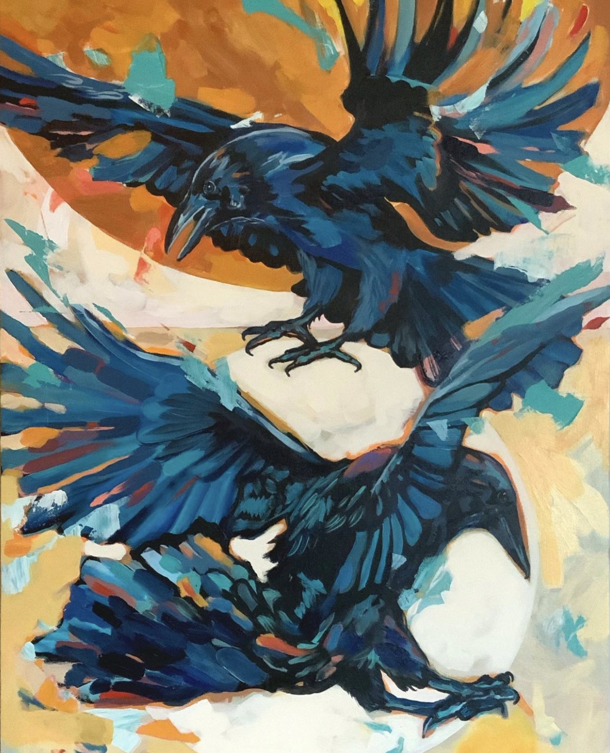 Abstract painting of two large, black and blue birds with spread wings, set against a vibrant orange and turquoise background.