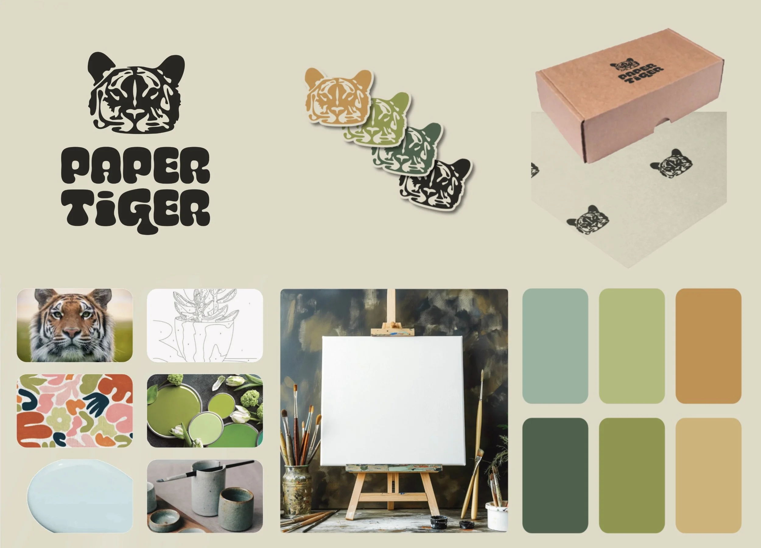 The image displays a logo for Paper Tiger featuring a stylized tiger head in black above the words "PAPER TIGER" in bold, rounded font. There are decorative tiger head stickers in different colors, a cardboard box, color palette samples with shades of green and brown, and a collage of images showing a tiger, a line drawing of a potted plant, an artist's canvas on a stand, paintbrushes, ceramic cups, and an abstract art piece.