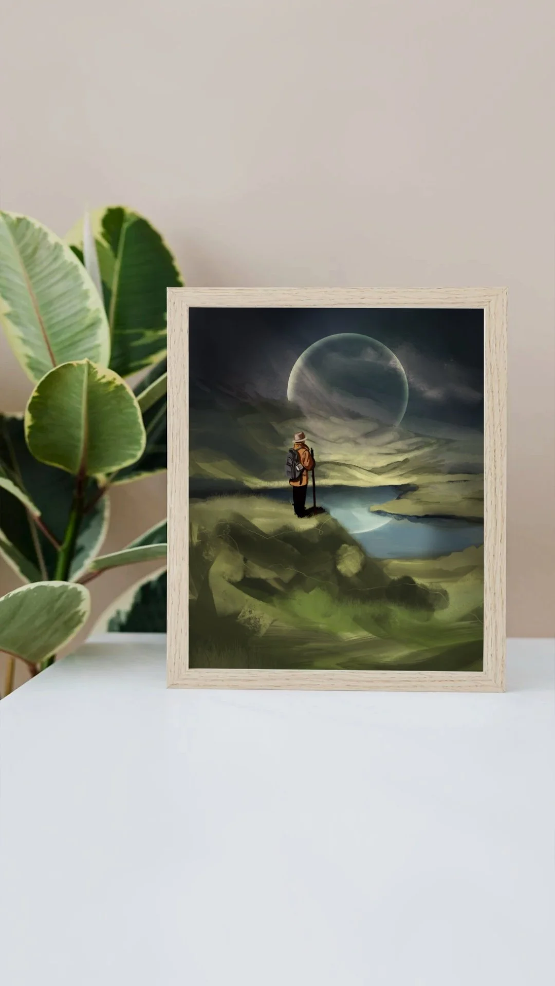 Digital artwork of a person with a backpack and hiking poles standing on a cliff overlooking a scenic landscape with a river, mountains, and a large moon in the cloudy sky.