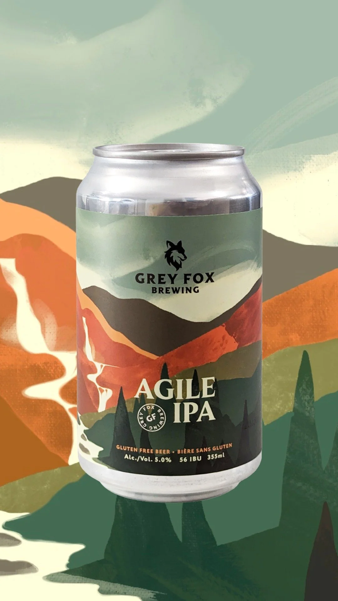 A canned beer labeled Grey Fox Brewing Agile IPA with a mountain landscape design