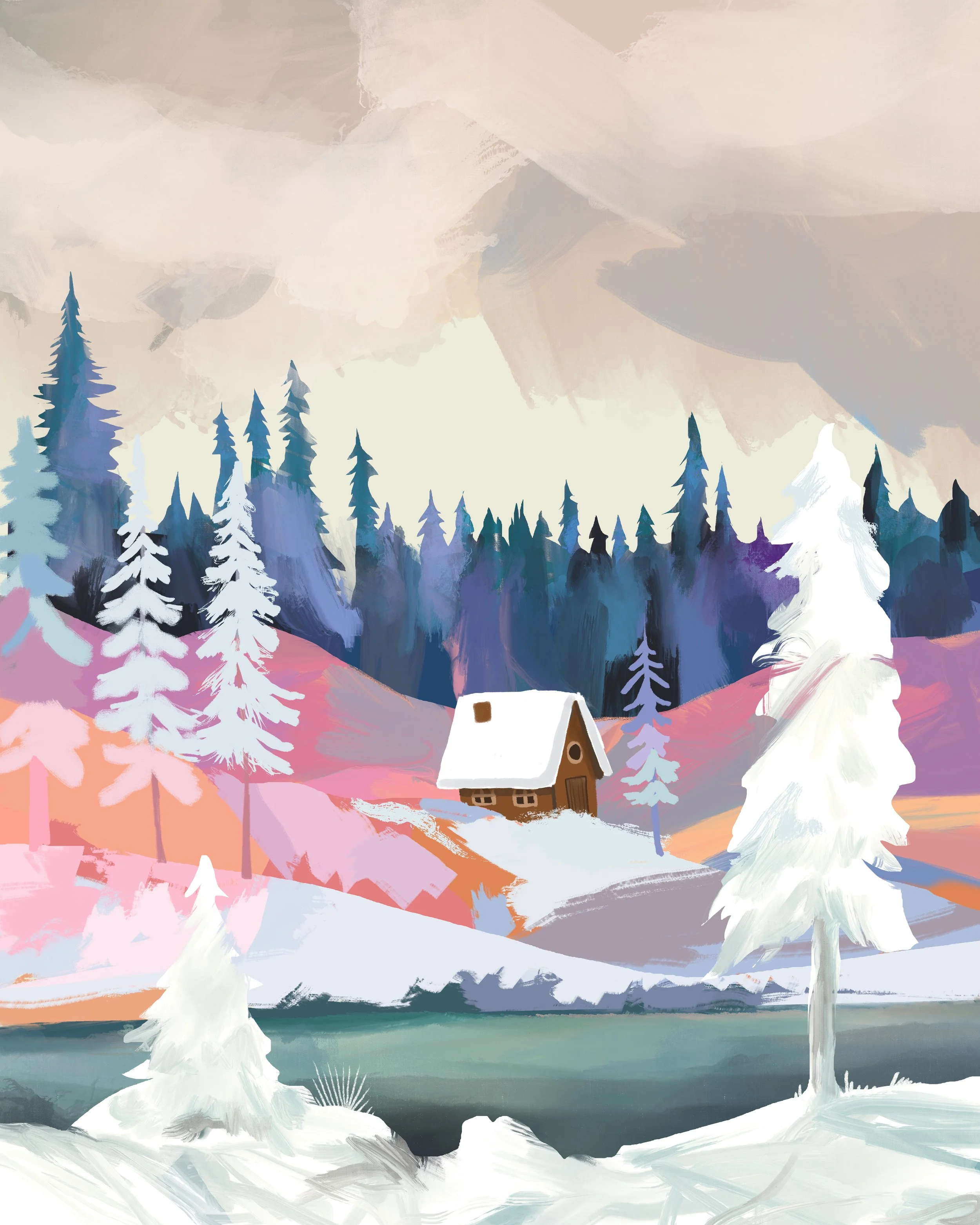An artistic painting of a winter landscape with snow-covered trees, a small cabin, a frozen lake in the foreground, and mountains with a cloudy sky in the background.