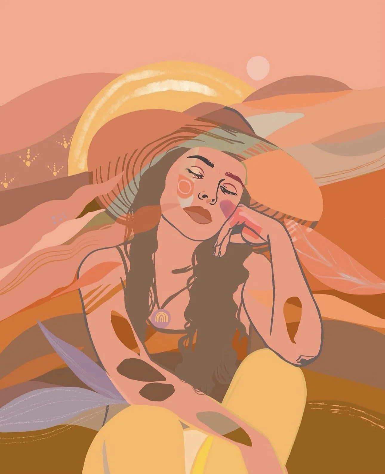 Abstract digital illustration of a woman with long hair, resting her head on her hand, wearing a necklace with a rainbow pendant, set against a sunset landscape with hills, a sun, and a rainbow.