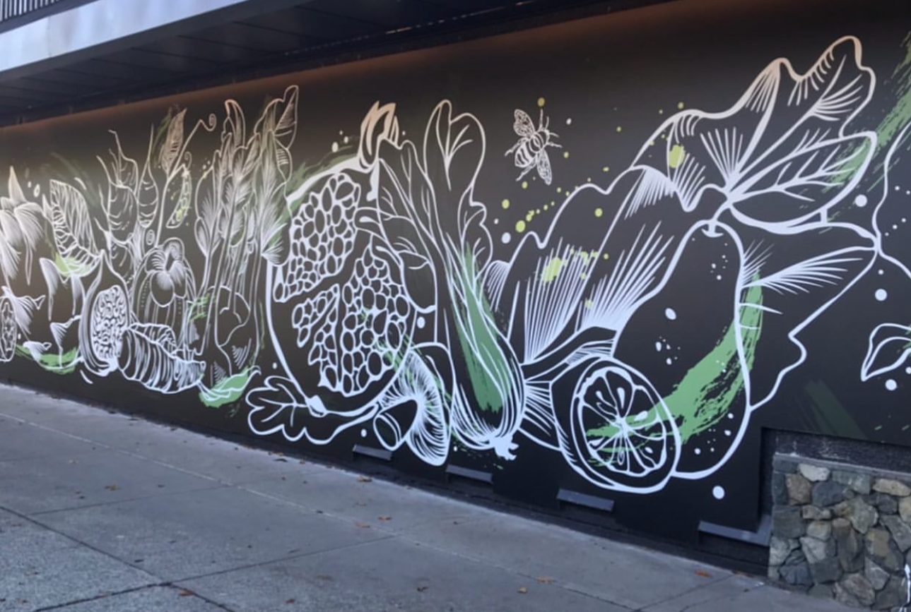 A mural of hand-drawn style botanical illustrations and insects on a dark wall, featuring leaves, fruits, and a bee, with some green accents.