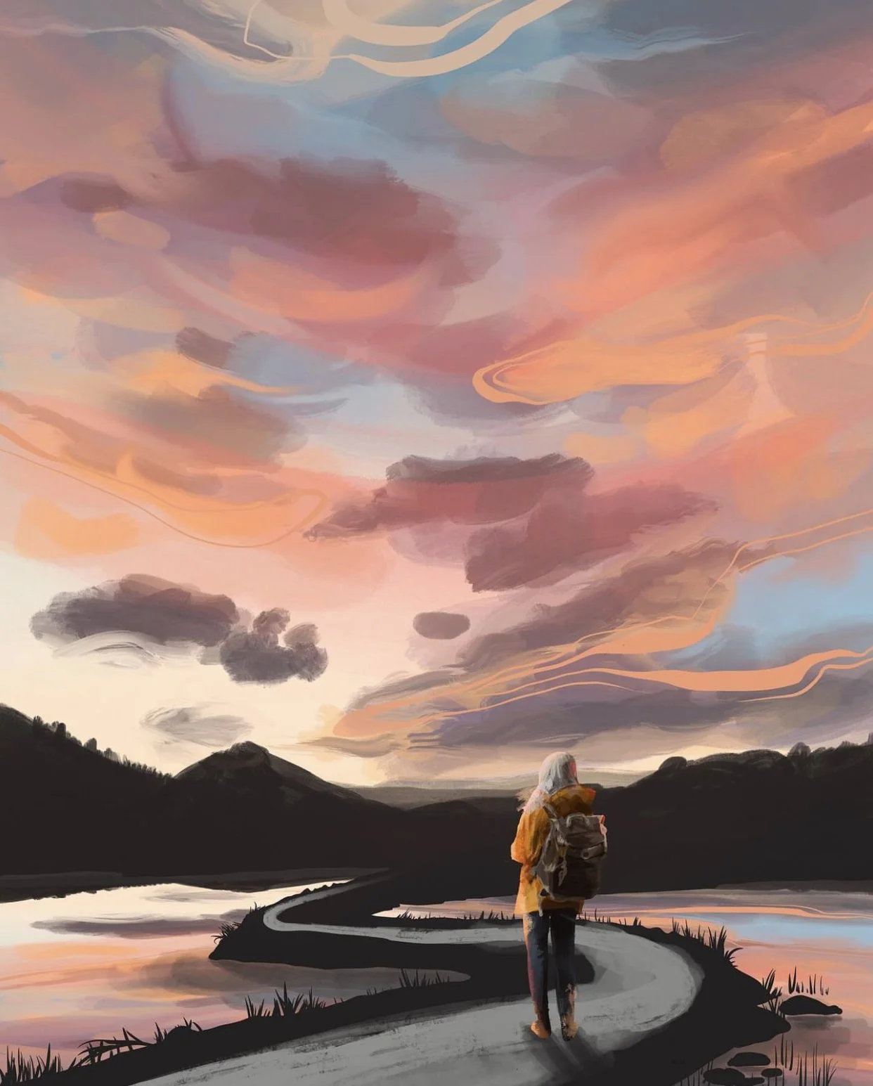 A person with long hair, wearing a yellow jacket and carrying a backpack, walking on a winding road beside a body of water during sunset sky with pink, purple, and orange clouds.