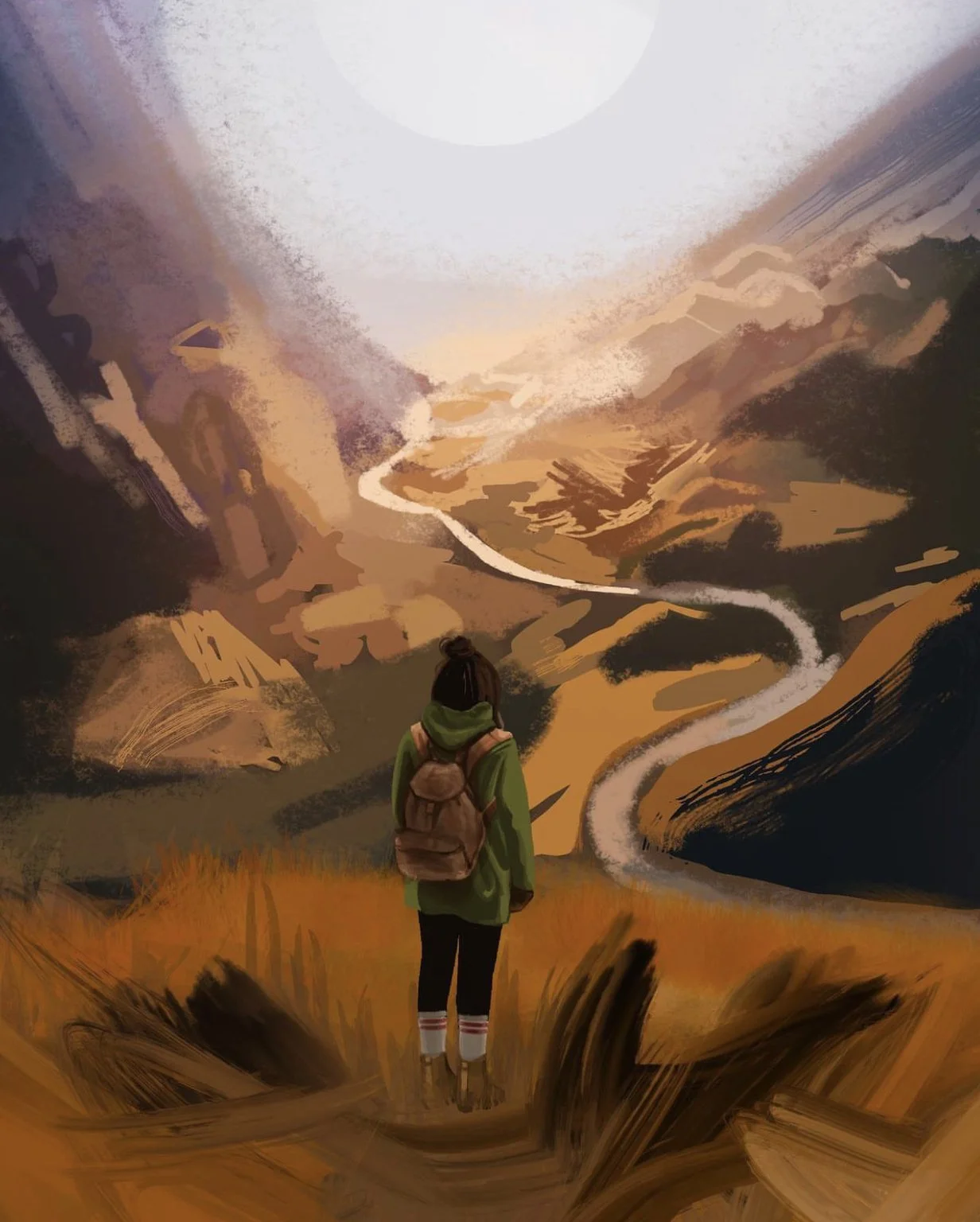 A person with a backpack standing on a hilltop overlooking a winding river through a valley with mountains under a bright sun.