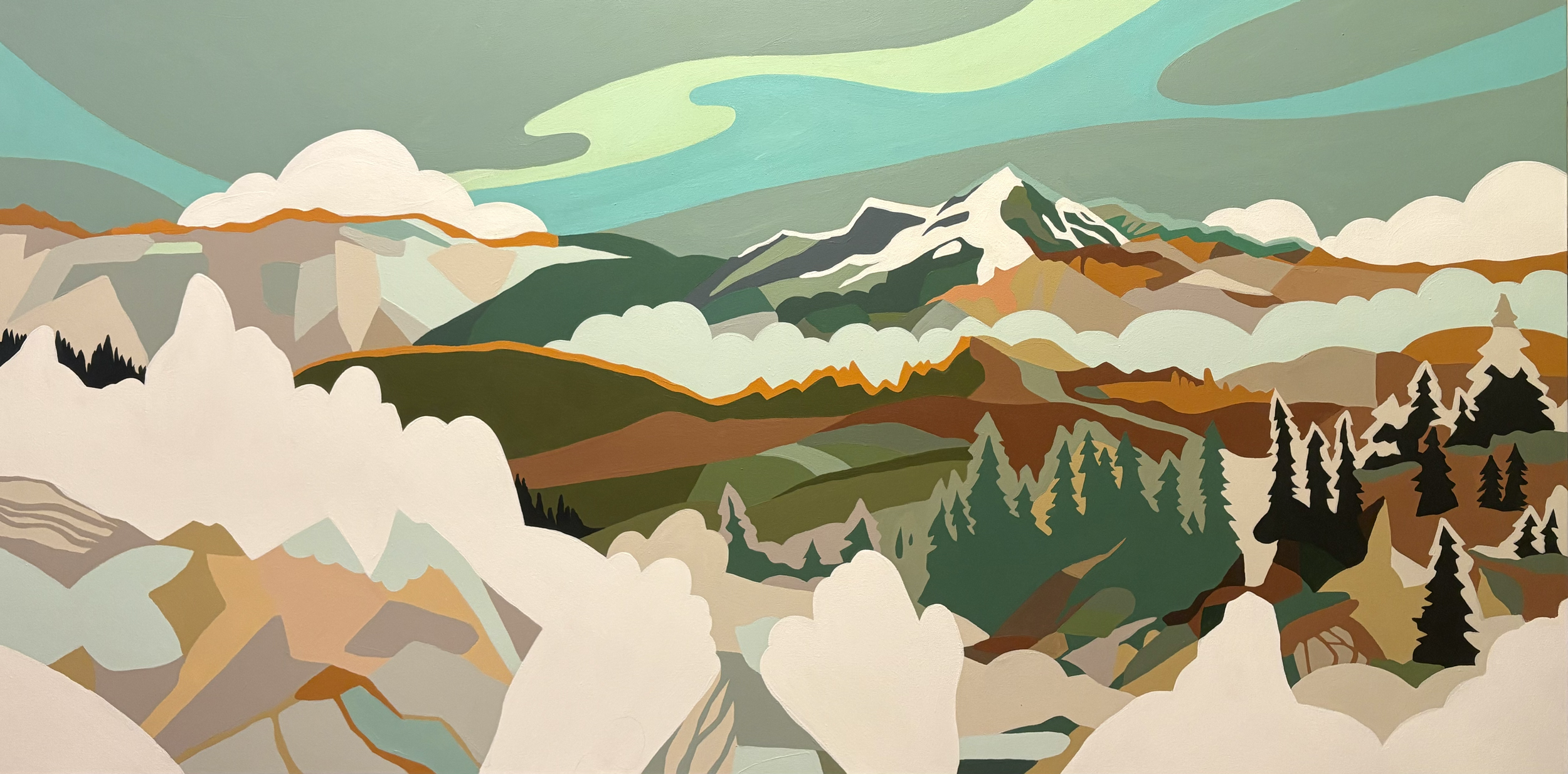 Abstract landscape painting of mountains, clouds, trees, and rolling hills in shades of green, brown, white, and black with a stylized sky. Big White Ski Resort, Kelowna BC. Liz Grace Studio, Liz Dumontet