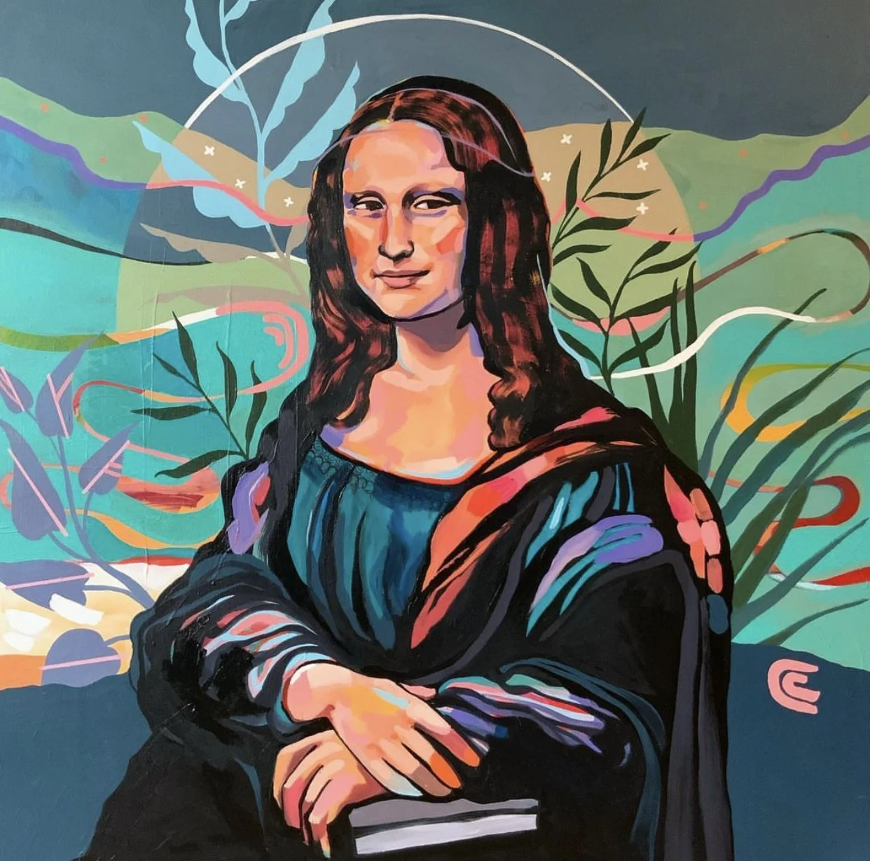 A colorful artistic painting of the Mona Lisa with abstract background elements including plants, swirling lines, and vibrant colors.