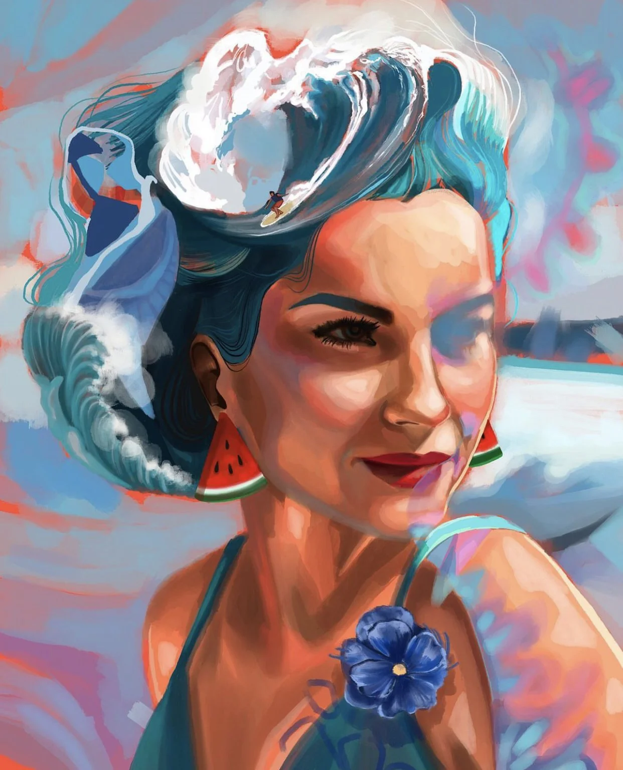 A colorful, stylized digital painting of a woman with blue hair, wearing watermelon earrings and a blue dress. A large wave is flowing from her head with a tiny surfer riding it, set against a vibrant background.