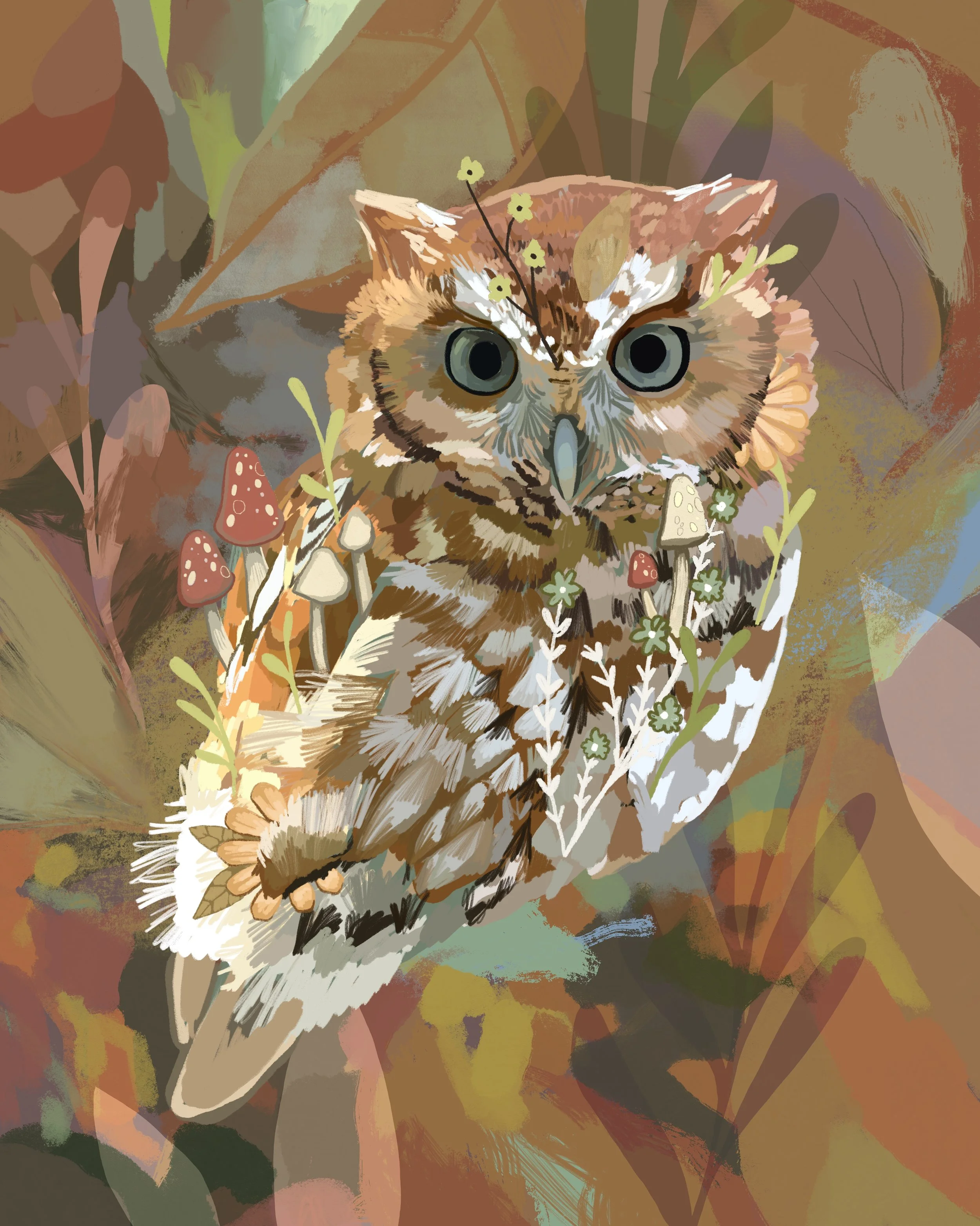 Digital illustration of an owl with large eyes, surrounded by colorful autumn leaves, mushrooms, and small flowers.