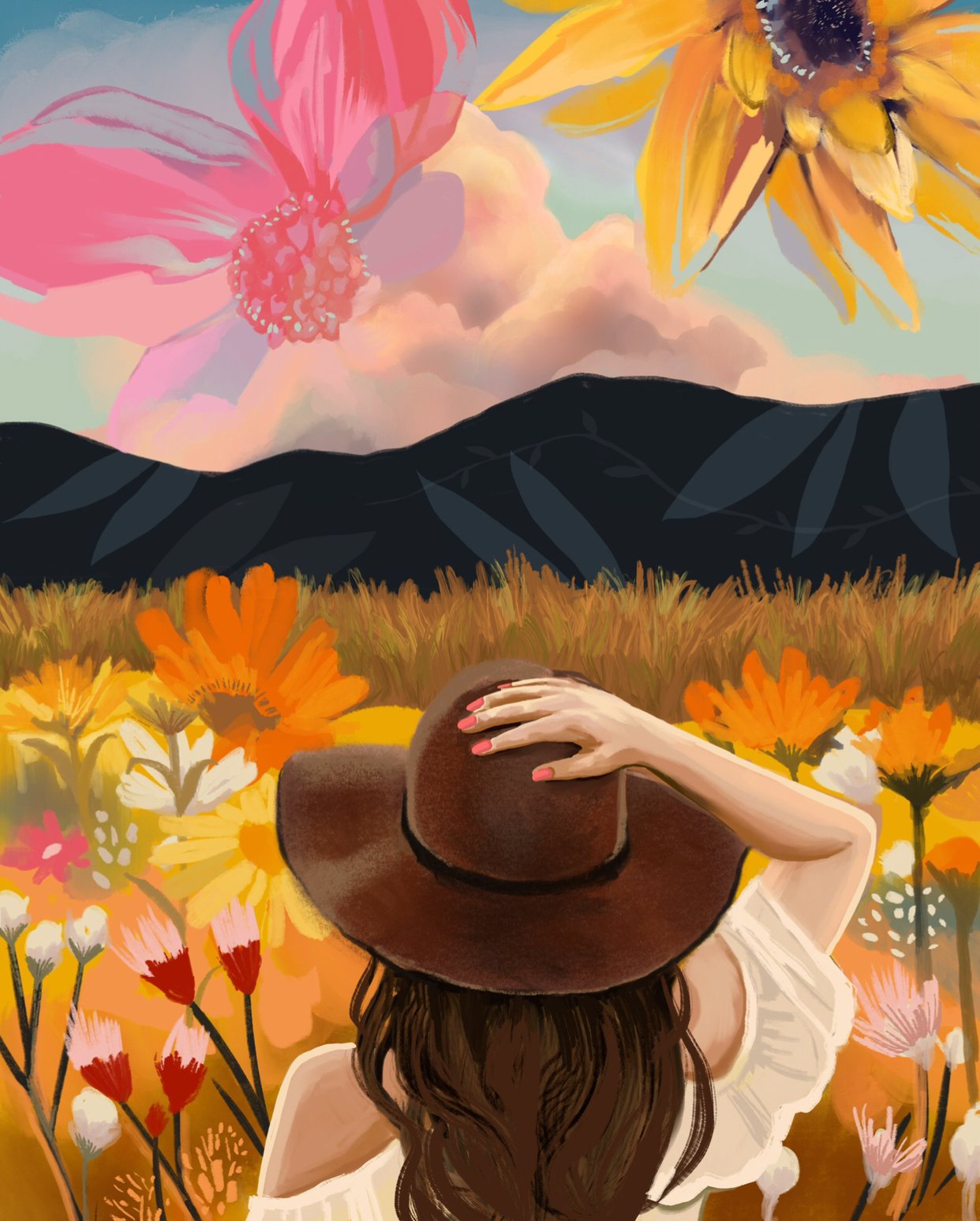 A woman with long brown hair, wearing a white off-shoulder top and a wide-brimmed brown hat, standing in a vibrant field of orange, yellow, white, and pink flowers with mountains in the background, under a sky with pink and orange clouds and large pi