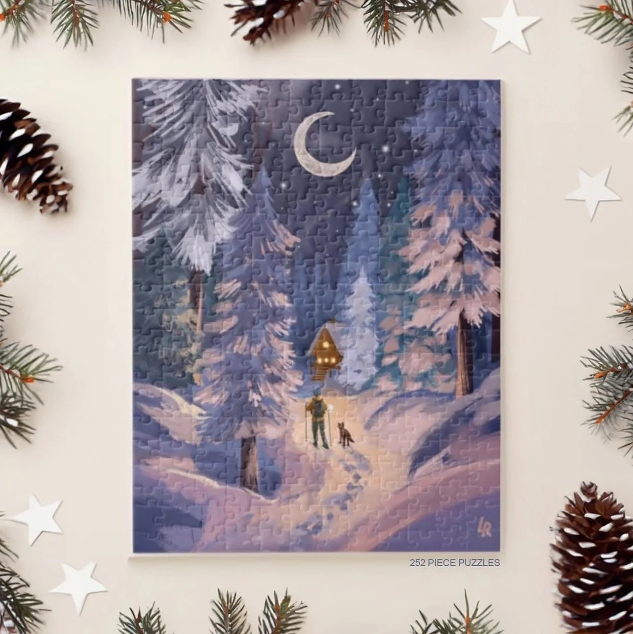 A snowy winter forest scene with a person and a dog carrying a lit lantern, under a crescent moon and stars, surrounded by pine branches and pine cones.
