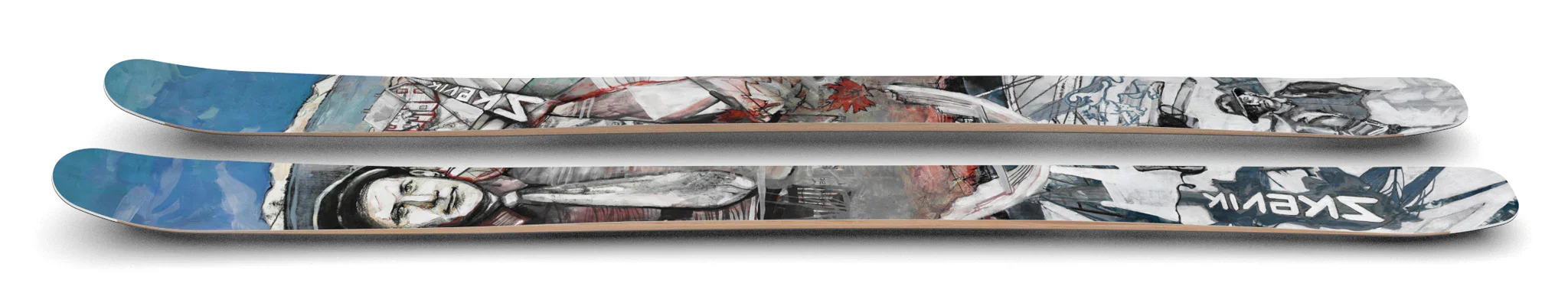 Pair of skis with graffiti-style artwork featuring Anton Skevik portrait and abstract designs. Skevik Skis top sheet graphic, Kelowna BC, Liz Grace Studio, Liz Dumontet.
