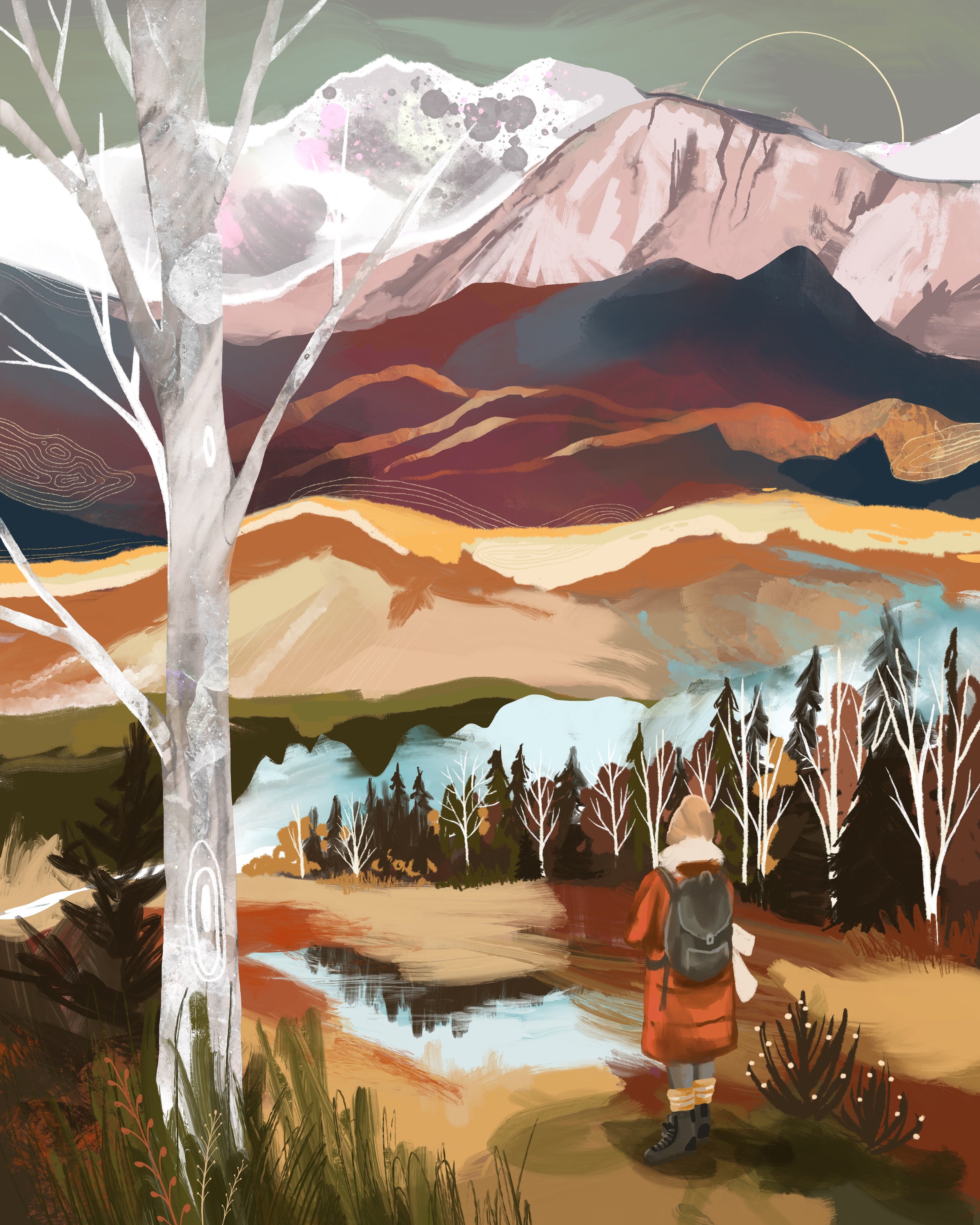 A person in an orange coat and boots standing by a lake, surrounded by trees with mountain and hill ranges in the background during fall.