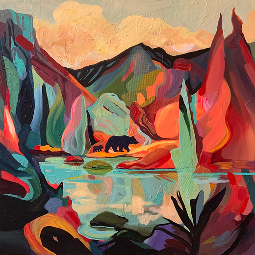 Abstract landscape painting with colorful mountains, a river, and two bear silhouettes.