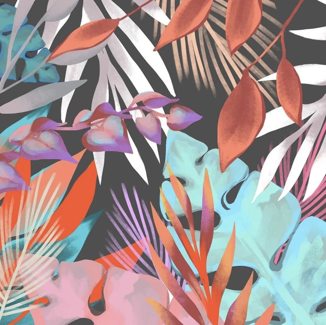 Colorful abstract illustration featuring various tropical leaves and flowers in shades of orange, pink, purple, blue, white, gray, and black, with a vibrant and layered composition.