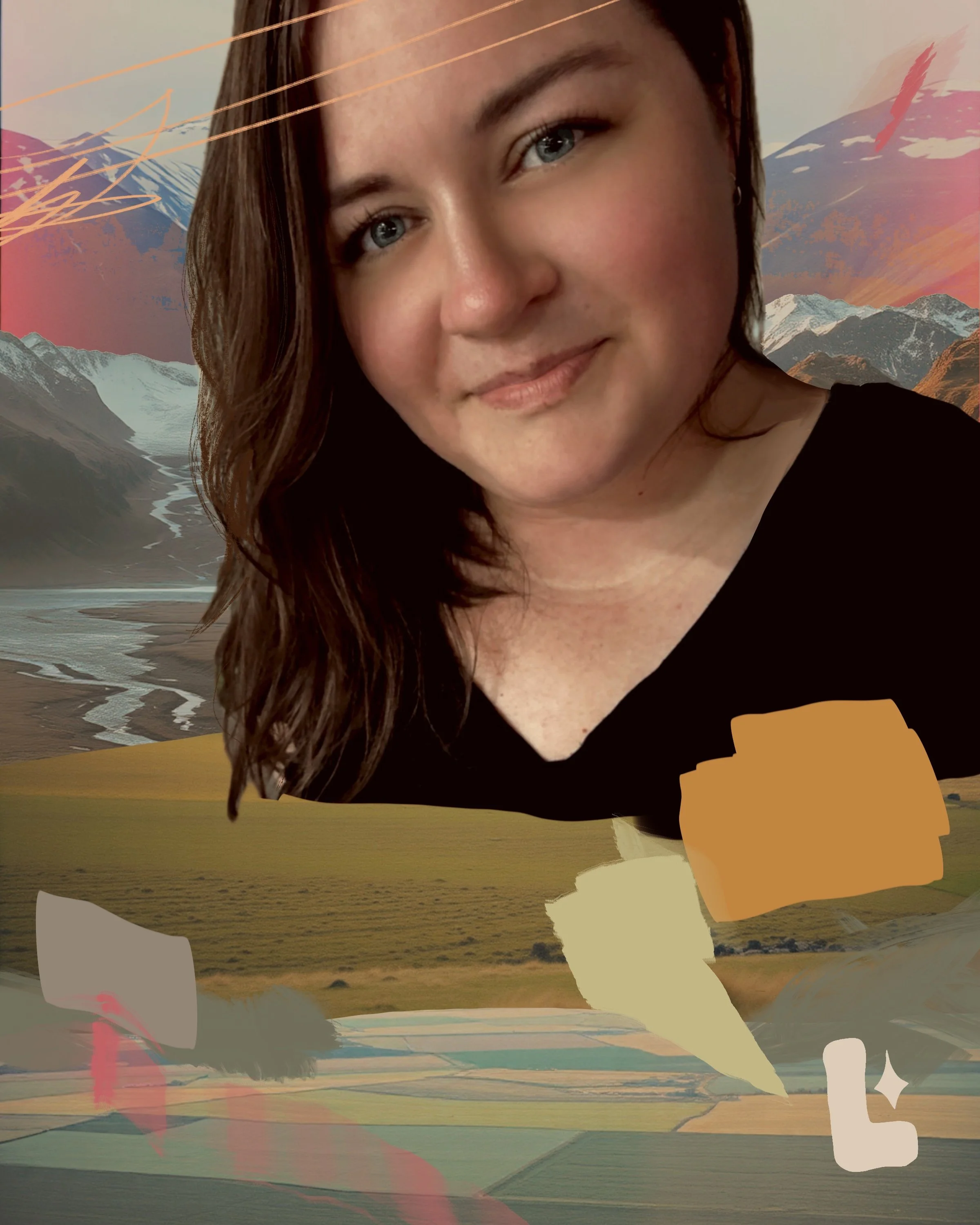 A woman with fair skin, brown hair, and blue eyes smiling in front of a digitally edited mountain landscape background with colorful abstract elements. Kelowna BC Artist, Liz Grace Studio, Liz Dumontet.