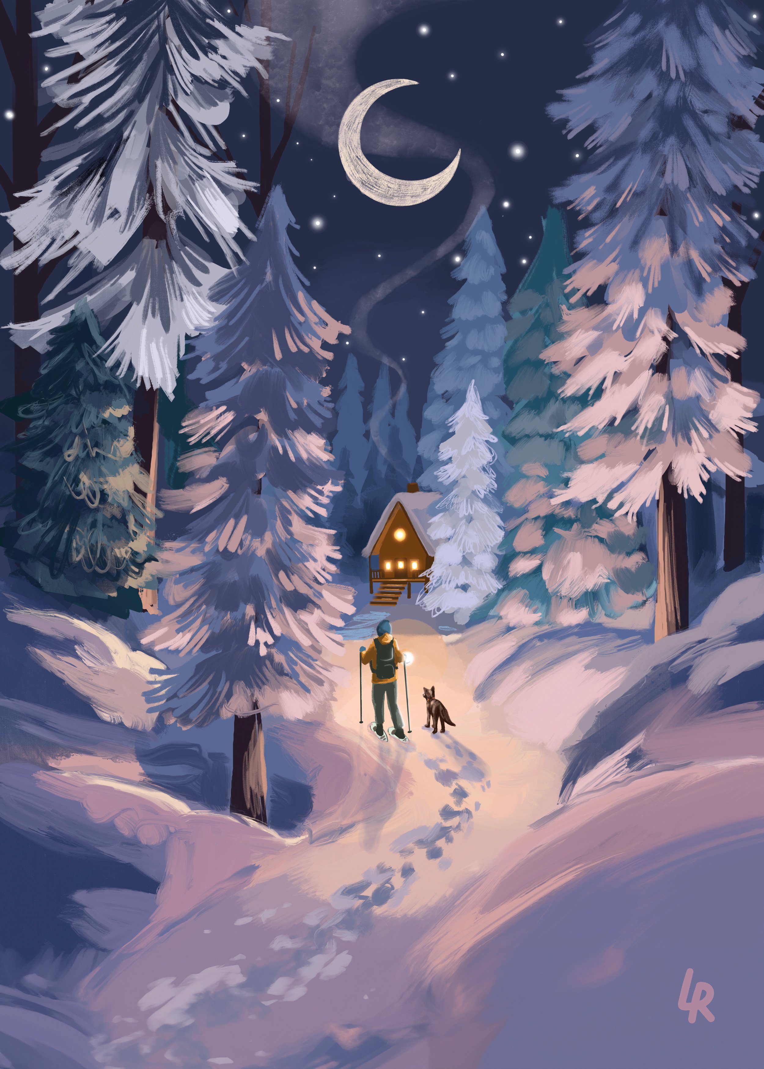 A person hiking with a dog in a snowy forest at night, illuminated by a lantern, with a cozy house in the background, under a starry sky and a crescent moon.