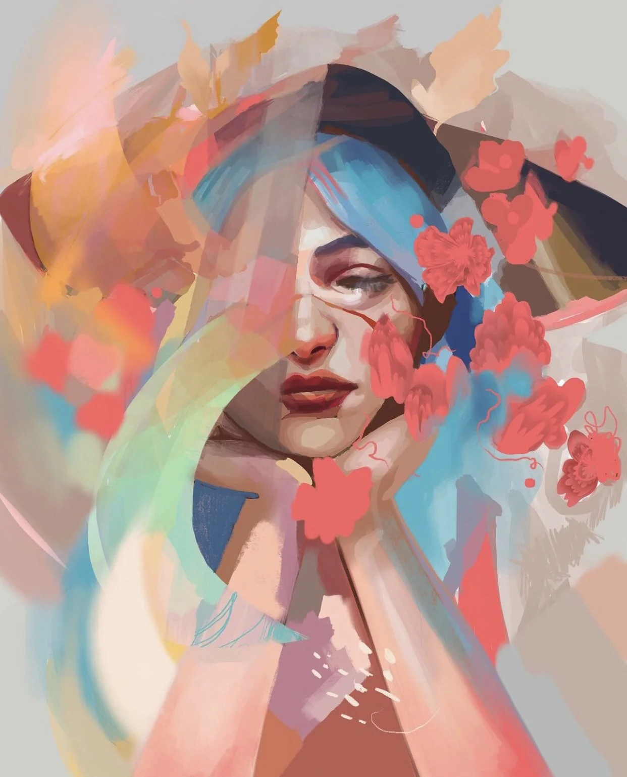 Digital abstract portrait of a woman with blue hair, closed eyes, and red lipstick surrounded by colorful, flowing shapes and pink flower-like elements.