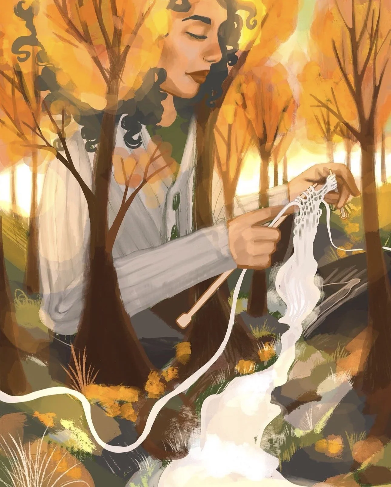 An illustrated woman with curly hair and a white shirt knitting with white yarn while sitting in a forest with orange and yellow autumn trees, near a flowing stream.