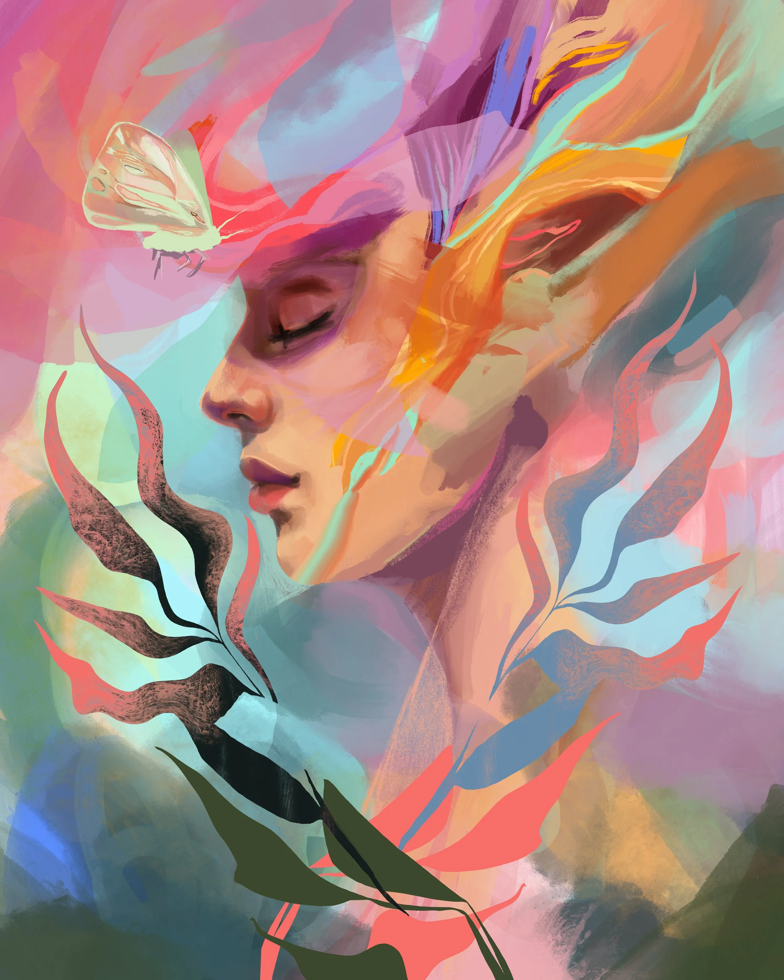 A colorful, abstract digital artwork of a woman's profile with closed eyes, surrounded by fluid, plant-like shapes and a butterfly near her forehead.