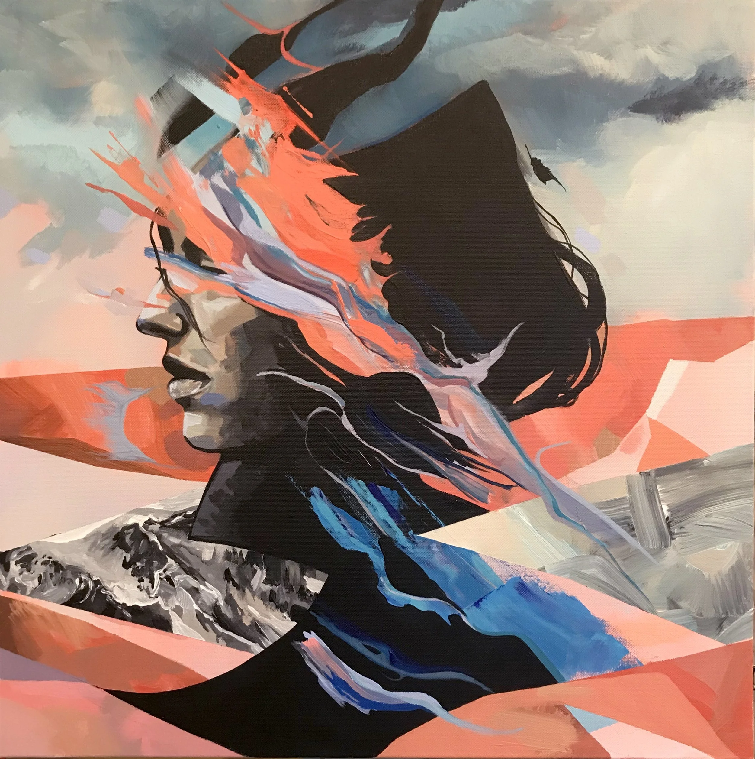 Abstract painting of a woman with black hair, blending with mountain landscapes, painted in vibrant pink, blue, black, and gray tones.