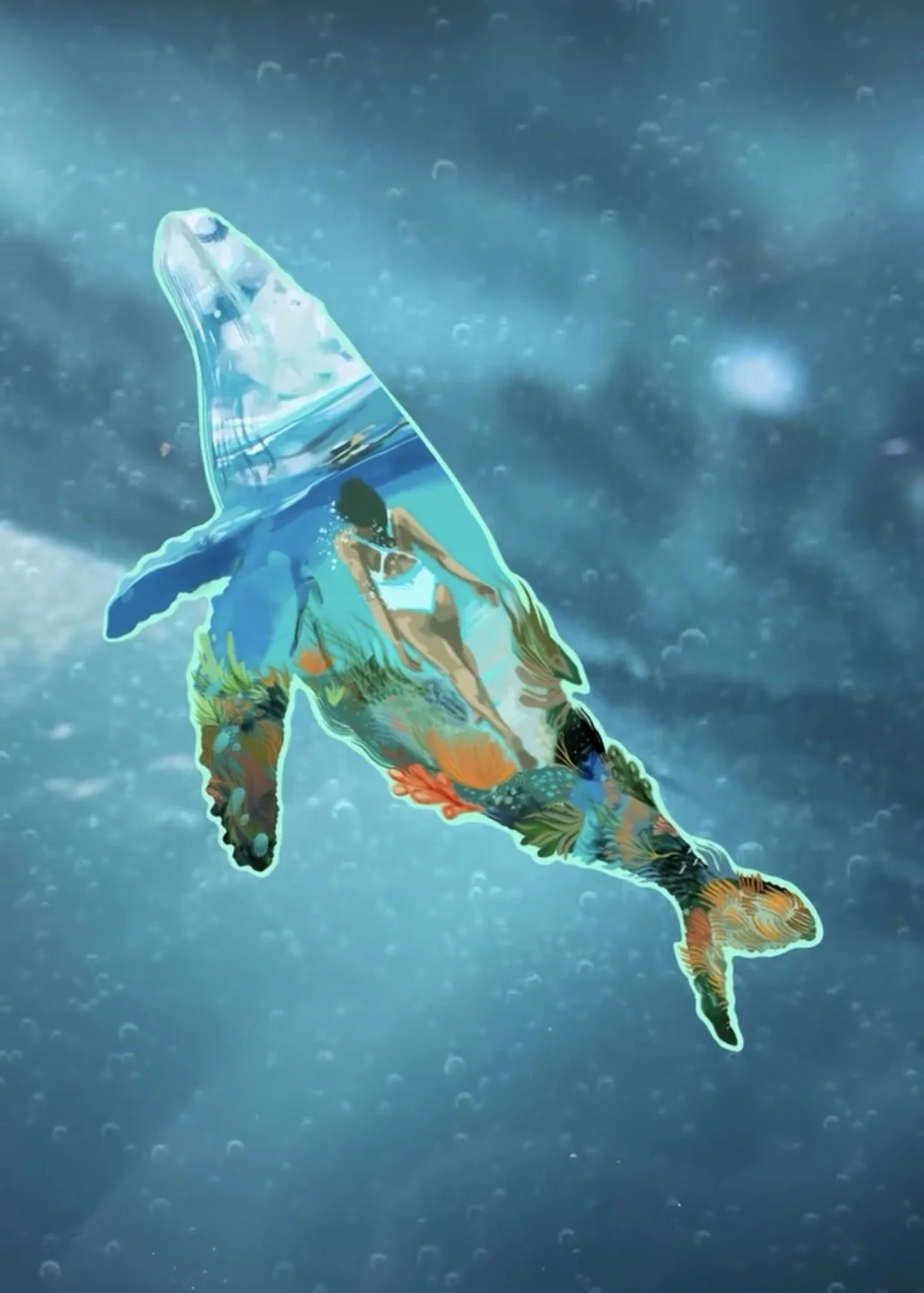A digital artwork of a whale-shaped cutout with a collage of a woman and colorful floral patterns inside it, swimming underwater with bubbles in the background.