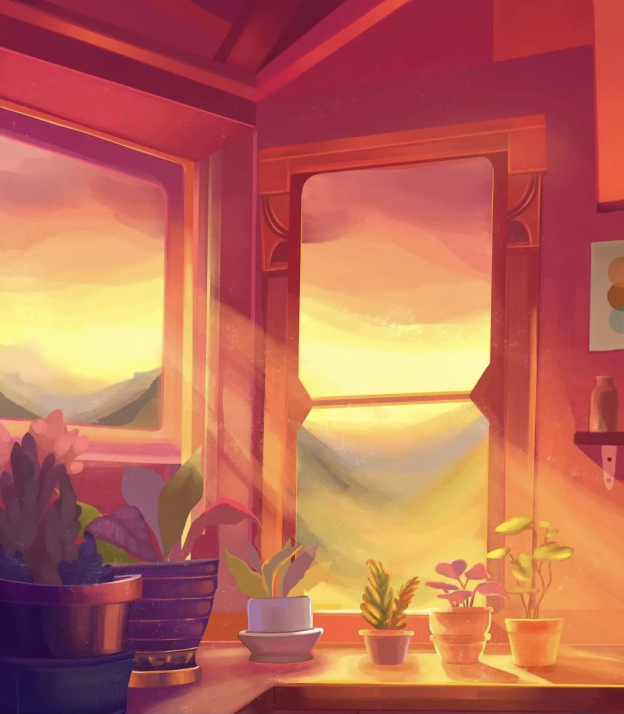 Digital painting of a windowsill with potted plants during a sunset, casting warm orange and yellow light into the room.