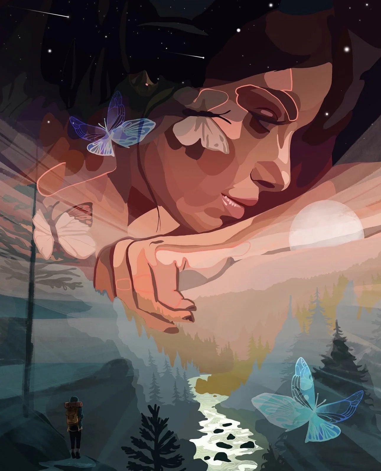 Digital illustration of a woman resting her head on her arm with butterflies around her face, overlooking a river in a forest at sunset with stars and a bright moon in the sky.