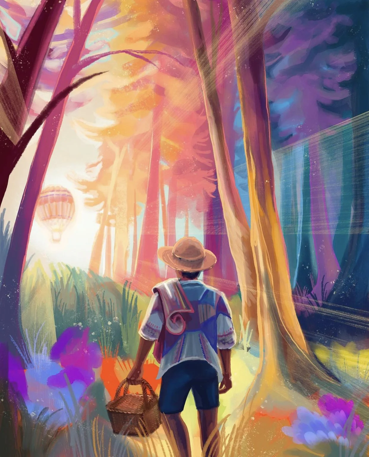 A person dressed in summer clothing, wearing a wide-brimmed hat, carrying a basket, walking through a colorful, abstract forest with tall trees and vibrant flowers, bathed in warm sunlight.