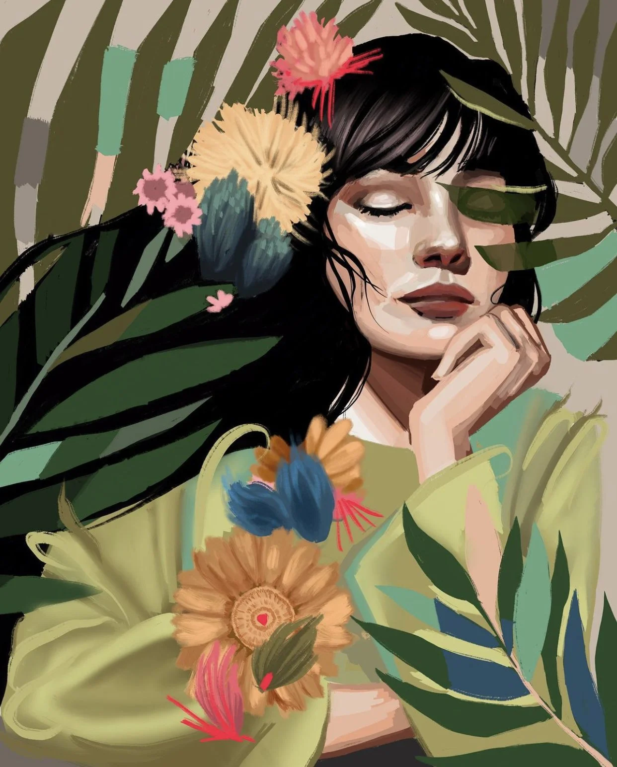 An illustrated woman with black hair, closed eyes, and a soft smile, surrounded by colorful tropical flowers and large green leaves.