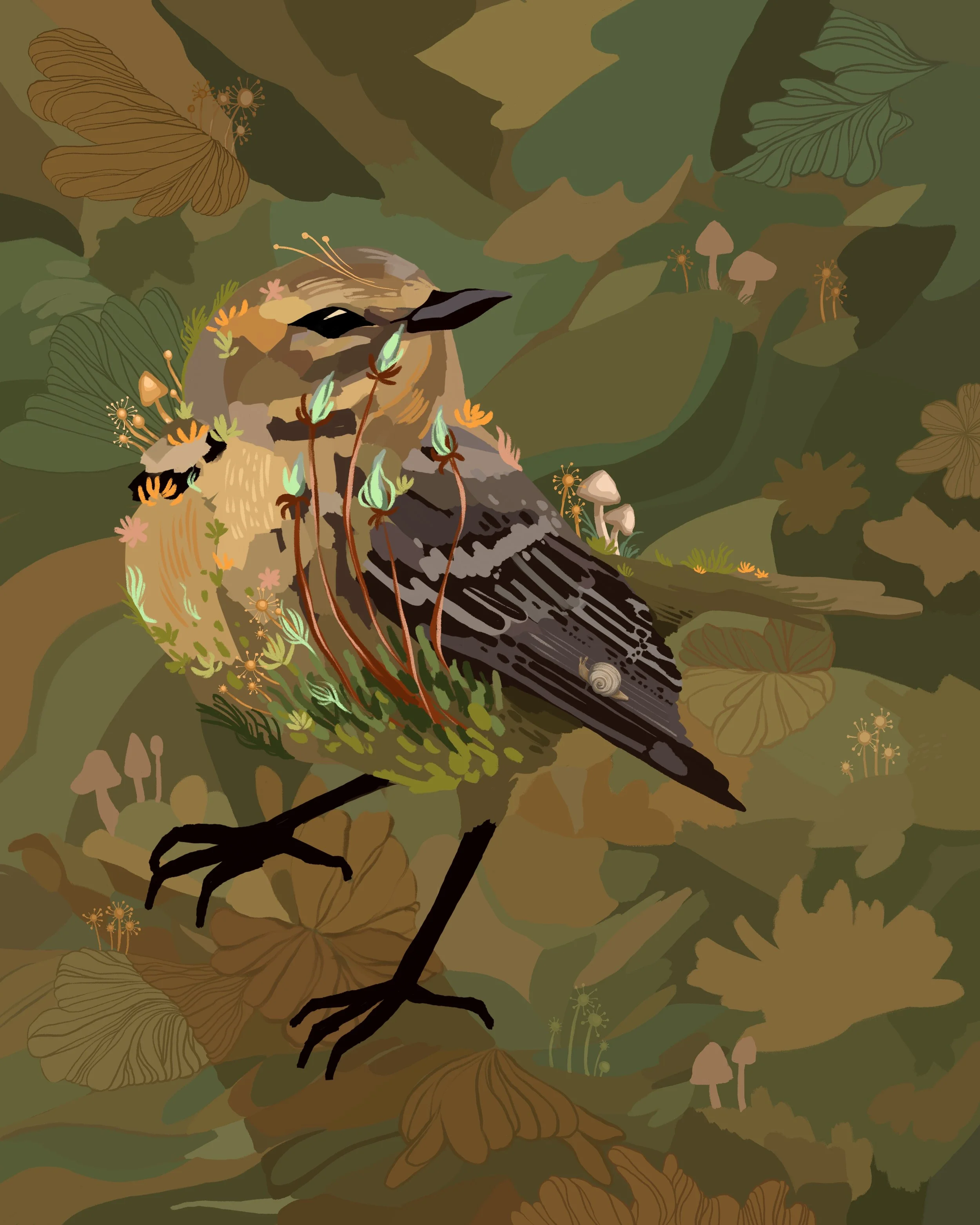 Digital illustration of a bird with floral and plant elements integrated into its body, set against a botanical background with leaves, flowers, and mushrooms.