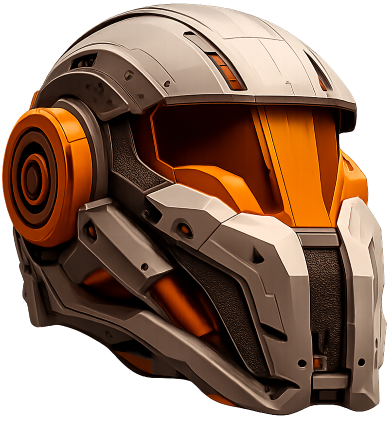 A futuristic helmet with a sleek design, featuring an orange visor and accents, and a combination of metallic gray and black surfaces.