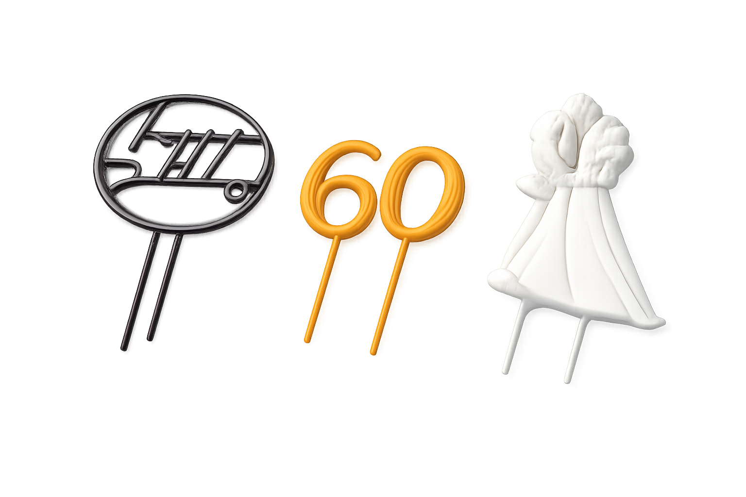 Three birthday candles shaped like the number 60, with a black logo badge on the left and a white icing swan cake topper on the right.