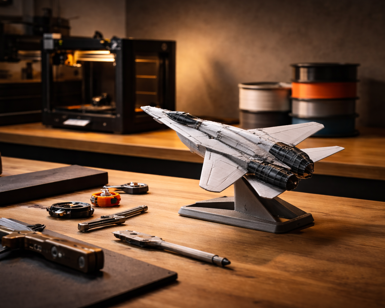 Model of a fighter jet on a wooden workbench surrounded by tools, with 3D printers and spools of filament in the background.